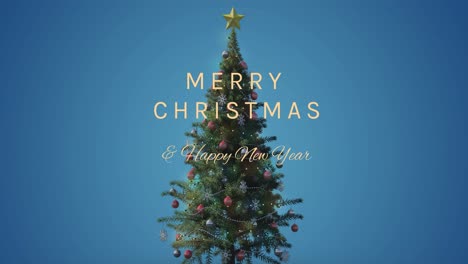 Animation-of-christmas-greetings-text-over-christmas-tree-on-blue-background