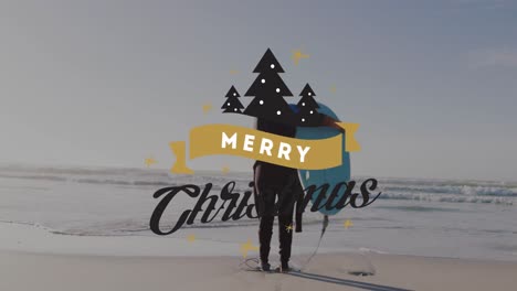 Animation-of-christmas-greetings-text-over-biracial-woman-with-surfboard-on-beach