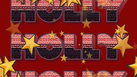 Animation-of-christmas-holly-text-over-yellow-stars-on-red-background