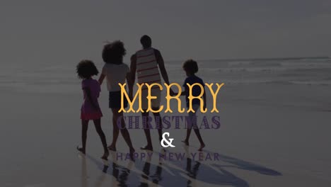 Animation-of-christmas-greetings-text-over-african-american-family-on-beach