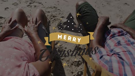Animation-of-christmas-greetings-text-over-senior-biracial-couple-on-beach