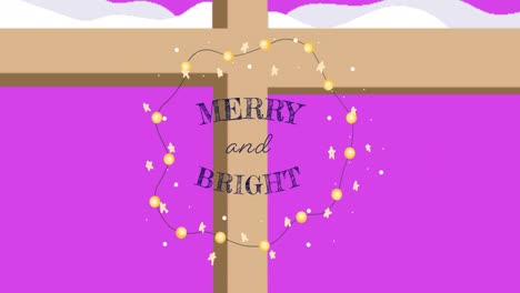 Animation-of-merry-and-bright-over-window-with-snow-on-pink-background