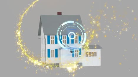 Animation-of-scope-scanning-and-light-spots-over-house-on-grey-background