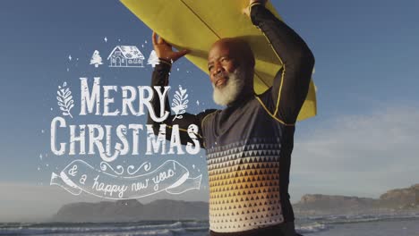 Animation-of-christmas-greetings-text-over-african-american-man-with-surfboard-on-beach