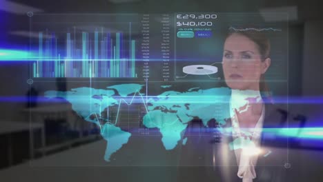 Animation-of-caucasian-businesswoman-touching-futuristic-screen-with-data-processing-at-office
