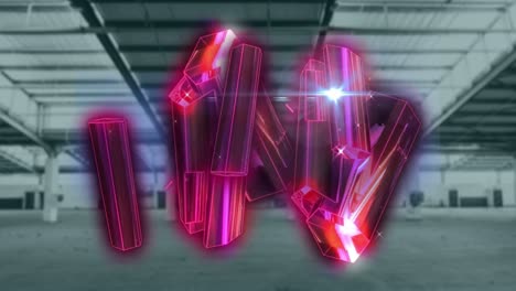 Animation-of-pink-crystal-shapes-and-copy-space-against-empty-warehouse