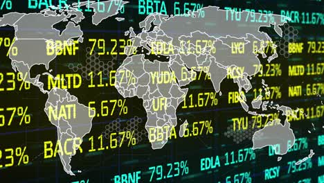 Animation-of-stock-market-and-data-processing-with-world-map-on-black-background