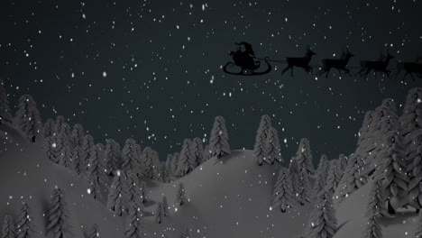 Animation-Des-Weihnachtsmanns-Im-Schlitten-über-Tannenbäumen