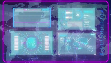 Animation-of-interface-with-data-processing-over-world-map-against-purple-background