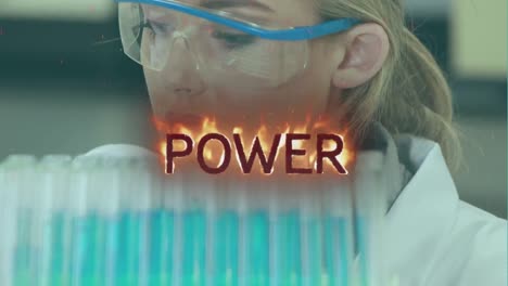 Animation-of-power-text-over-caucasian-female-scientist-with-test-tubes