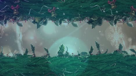 Animation-Von-Schneeflocken-Und-Lichtflecken-über-Weihnachtsdekorationen