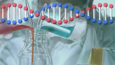 Animation-of-dna-strand-over-caucasian-male-scientist-with-beakers