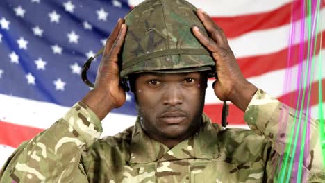 Animation-of-light-trails-over-african-american-male-soldier-and-flag-of-usa