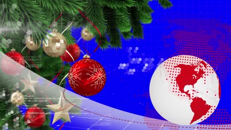 Animation-Des-Globus-Und-Datenverarbeitung-über-Weihnachtsdekorationen