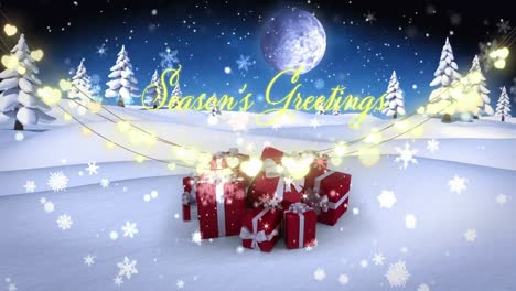Animation-of-season's-greetings-text-with-fairy-lights-over-christmas-presents-and-winter-landscape