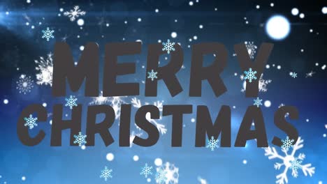 Animation-of-snowflakes-over-merry-christmas-text-banner-against-spots-of-light-on-blue-background