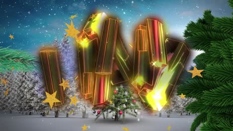 Animation-of-gold-blocks,-christmas-tree,-stars-and-snow-falling-over-winter-scenery