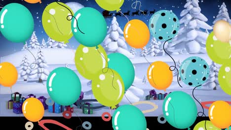 Animation-of-christmas-presents,-balloons-with-santa-claus-in-sleigh-with-reindeer-in-winter-scenery