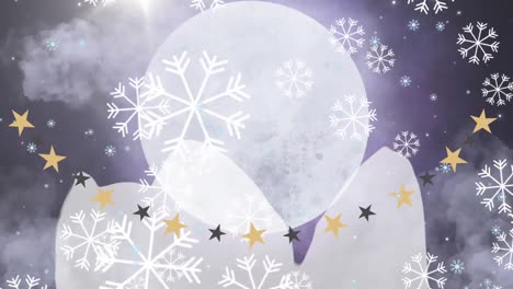 Animation-of-christmas-star-decorations-and-snow-falling