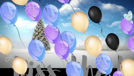 Animation-Von-Weihnachtsbaum-Und-Luftballons-über-Der-Winterlandschaft