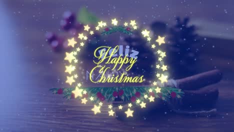 Animation-of-happy-christmas-text-with-fairy-lights-over-snow-falling-and-christmas-decorations
