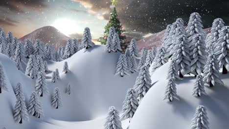 Dies-Ist-Eine-Digitale-Animation-Von-Schnee,-Der-Auf-Einen-Weihnachtsbaum-In-Einer-Verschneiten-Landschaft-Fällt