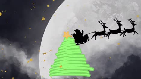 Animación-Del-árbol-De-Navidad,-Papá-Noel-En-Trineo-Y-Nieve-Cayendo-Sobre-El-Paisaje-Invernal