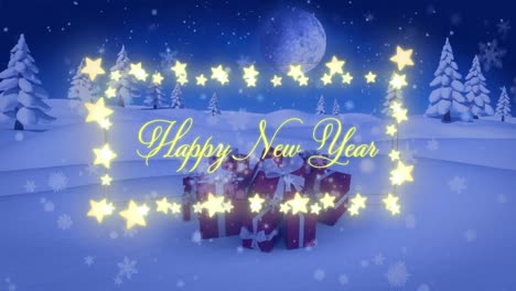 Animation-of-happy-new-year-text-with-fairy-lights-over-snow-falling-and-winter-landscape