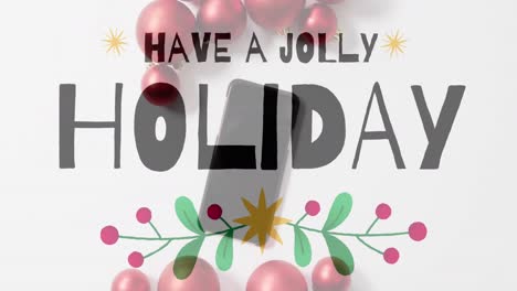 Animation-Eines-Fröhlichen-Feiertagstextes-über-Smartphone-Und-Weihnachtskugeln