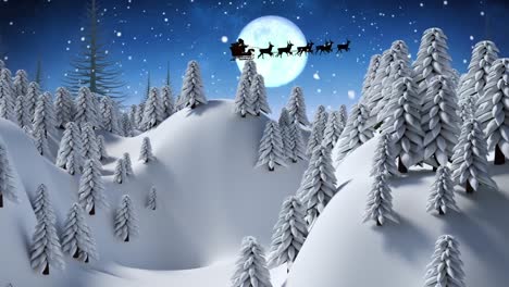 Animation-of-snow-falling-and-christmas-santa-claus-in-sleigh-with-reindeer-over-winter-scenery