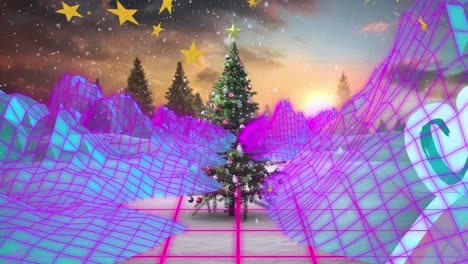 Animation-of-metaverse-and-christmas-tree-with-snow-falling-in-winter-scenery