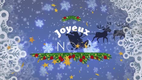 Animation-of-christmas-greetings-text,-santa-claus-in-sleigh-and-snow-falling-over-winter-scenery