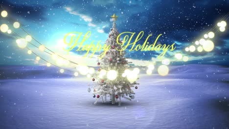 Animation-of-happy-holidays-text-with-fairy-lights-over-christmas-tree-and-winter-landscape