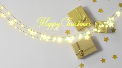 Animation-of-happy-christmas-text-with-fairy-lights-over-presents