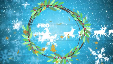Animation-Von-Weihnachtsgrüßen-über-Weihnachtsmann-Im-Schlitten-Mit-Rentieren-Auf-Blauem-Hintergrund