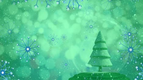 Animation-of-christmas-tree-in-snow-globe-and-snow-falling-over-green-background