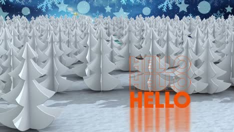 Animation-of-christmas-hello-text,-christmas-trees-and-snow-falling-over-winter-scenery