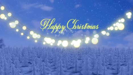 Animation-of-happy-christmas-text-with-fairy-lights-over-snow-falling-and-winter-landscape
