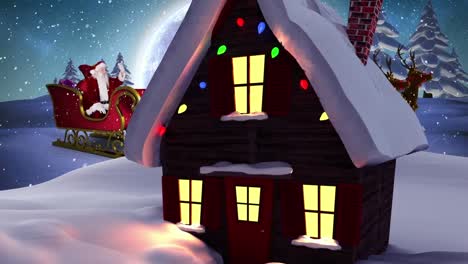 Eine-Digitale-Animation-Des-Weihnachtsmanns,-Der-In-Seinem-Schlitten-Mit-Rentieren-Vor-Schwarzem-Hintergrund-Winkt