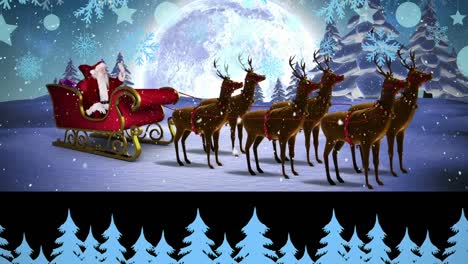 Animation-of-christmas-trees-with-santa-claus-in-sleigh-with-reindeer-over-winter-scenery