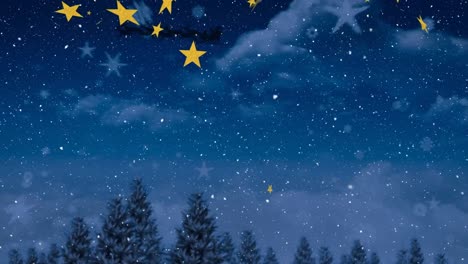 Animation-Von-Sternen-Und-Schnee,-Der-über-Den-Weihnachtsmann-Im-Schlitten-Mit-Rentieren-Und-Winterlandschaft-Fällt