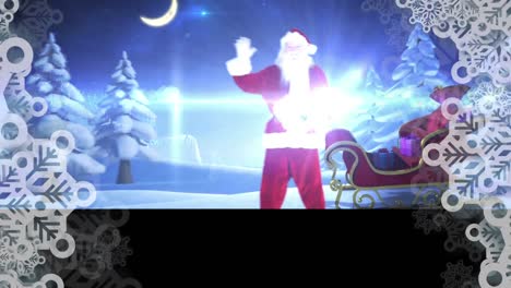 Animation-Von-Weihnachtsdekorationen-Mit-Weihnachtsmann-Und-Schlitten,-Der-über-Der-Winterlandschaft-Winkt