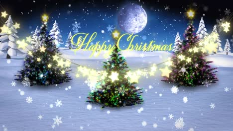 Animation-of-happy-christmas-text-with-fairy-lights-over-christmas-trees-and-winter-landscape