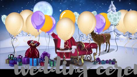 Animation-of-christmas-balloons-with-santa-claus,-sleigh-with-reindeer-over-winter-scenery