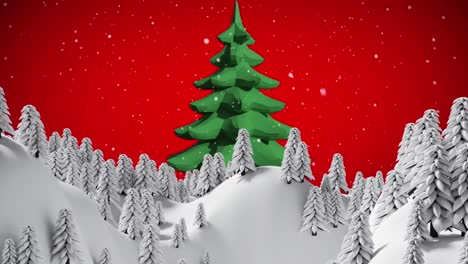 Animation-Von-Weihnachtsbäumen-Und-Schnee,-Der-über-Die-Winterlandschaft-Fällt