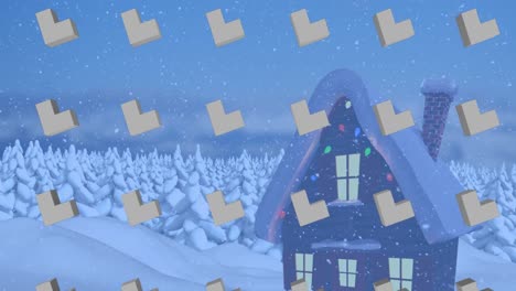 Animation-Von-Reihen-Abstrakter-Formmuster-Und-Weihnachtsschnee,-Der-über-Die-Winterlandschaft-Fällt