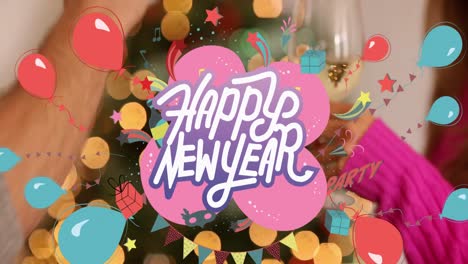 Animation-of-happy-new-year-text-banner-against-mid-section-of-couple-toasting-their-drinks