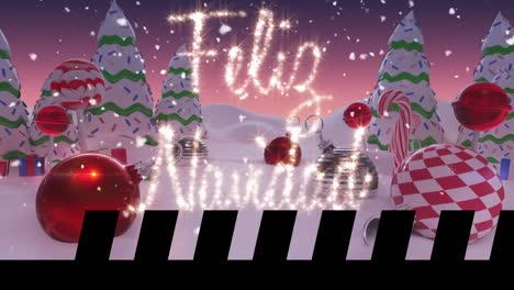 Animation-of-christmas-greetings-text,-trees-and-snow-falling-over-winter-scenery