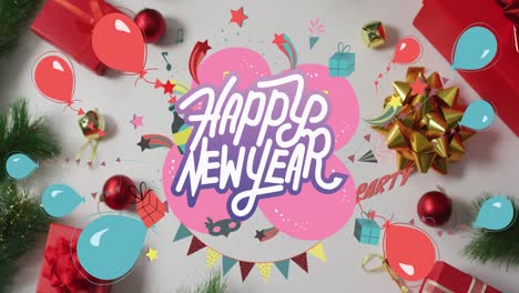 Animation-of-happy-new-year-greetings-text-over-balloons-and-christmas-decorations