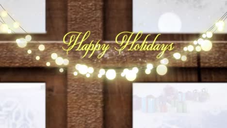 Animation-of-happy-holidays-text-with-fairy-lights-over-window-and-winter-landscape